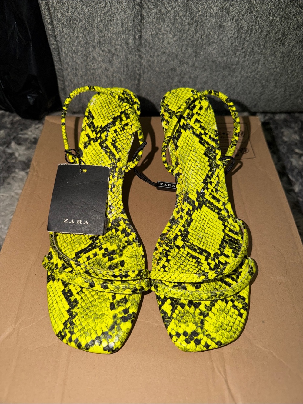 Zara Neon Yellow Snake-Print Strappy Sandals